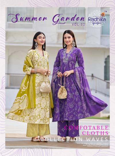 SUMMER GARDEN VOL 1 BY RADHIKA LIFESTYLE DESIGNER COTTON KURTI WITH PLAZO AND DUPATTA WHOLESALER IN INDIA